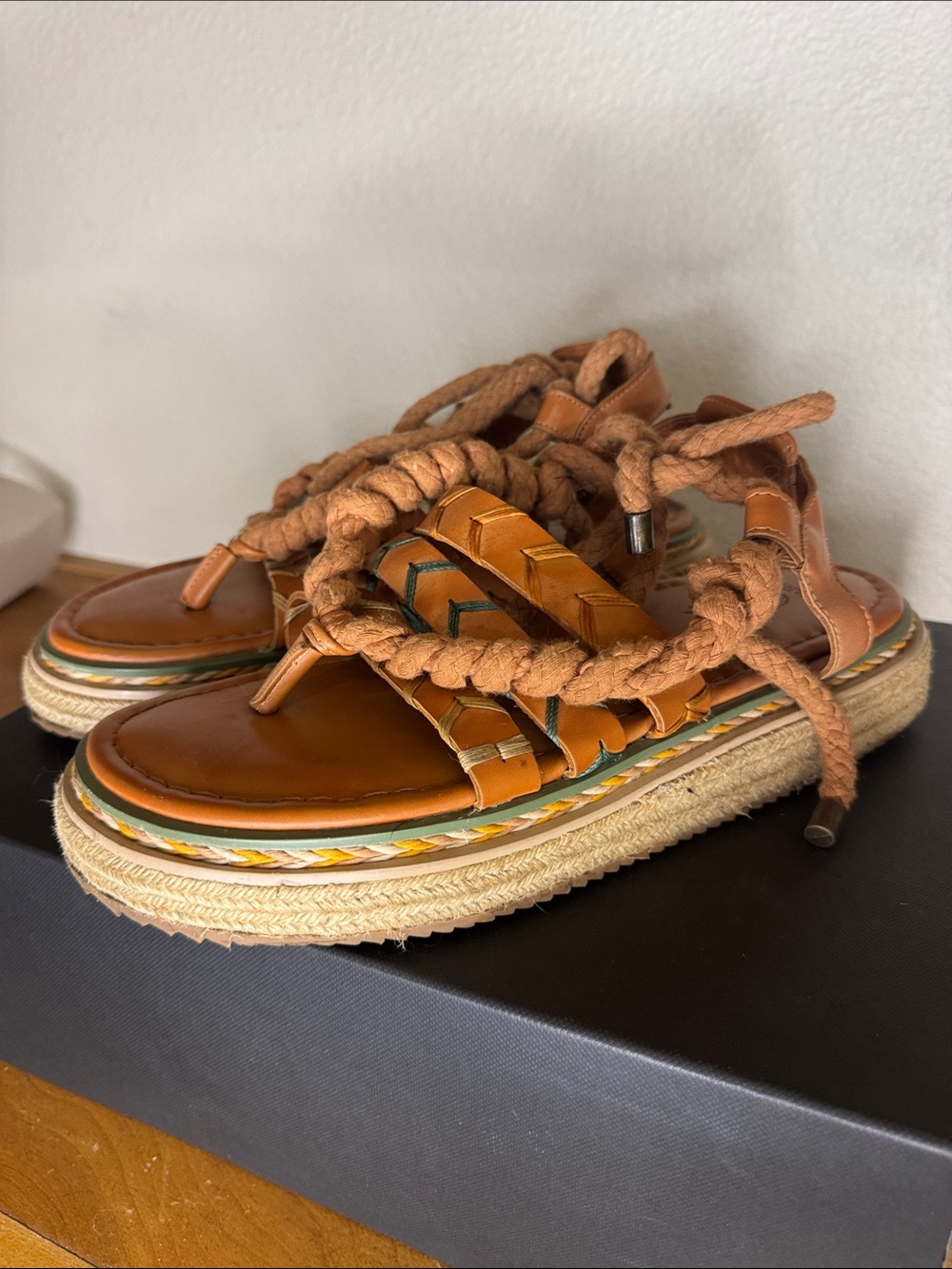 FARM Rio Braided Rope Espadrille Sandals in Tan and Camel